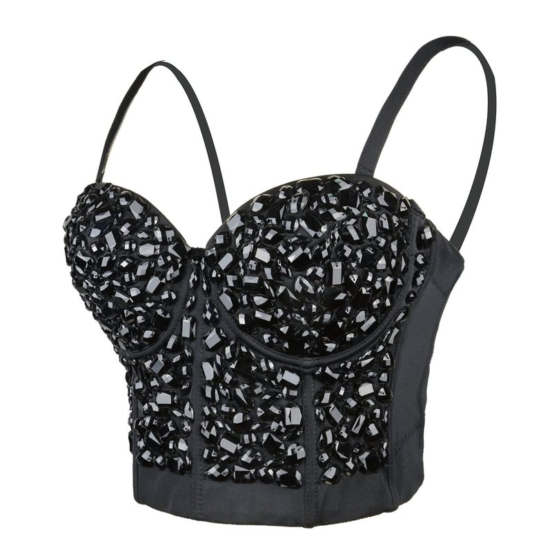 ELLACCI Women's Sexy Rhinestone Punk Bustier Crop Top Push Up Corset Bra Black Medium - Image 1